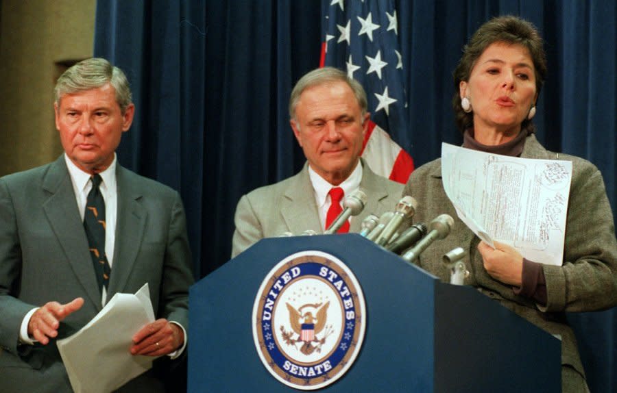 Sen. Barbara Boxer, D-Calif., accompanied by Sen. Bob Graham, D-Fla., left, and Sen. David Pryor, D-Ark., meets reporters on Capitol Hill Friday Oct. 27, 1995 to discuss the budget and nursing homes. On Thursday, Senate Republican leaders, bowing to pressure from Republican moderates, agreed to restore most federal nursing home standards for Medicaid patients to the pending budget reconciliation bills. (AP Photo/John Duricka)