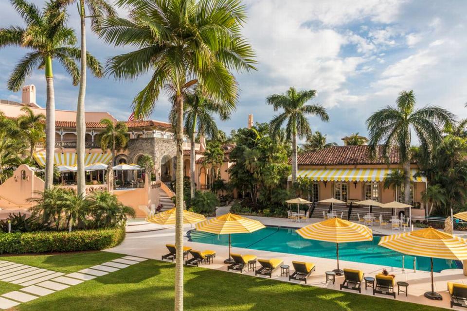 A photo taken from the northwest showing Mar-a-Lago’s parrot pool which is often used as an event venue. Also visible, from left to right, are the outdoor dining area, entrance to Trump’s private quarters and the smaller of the two ballrooms.