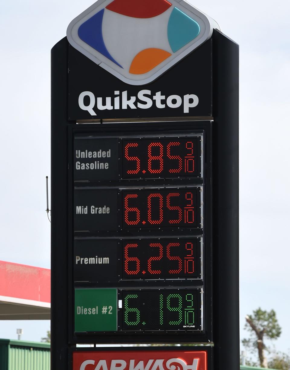 Shown are gas prices at the QuikStop in Fernley, Nevada on June 7, 2022.