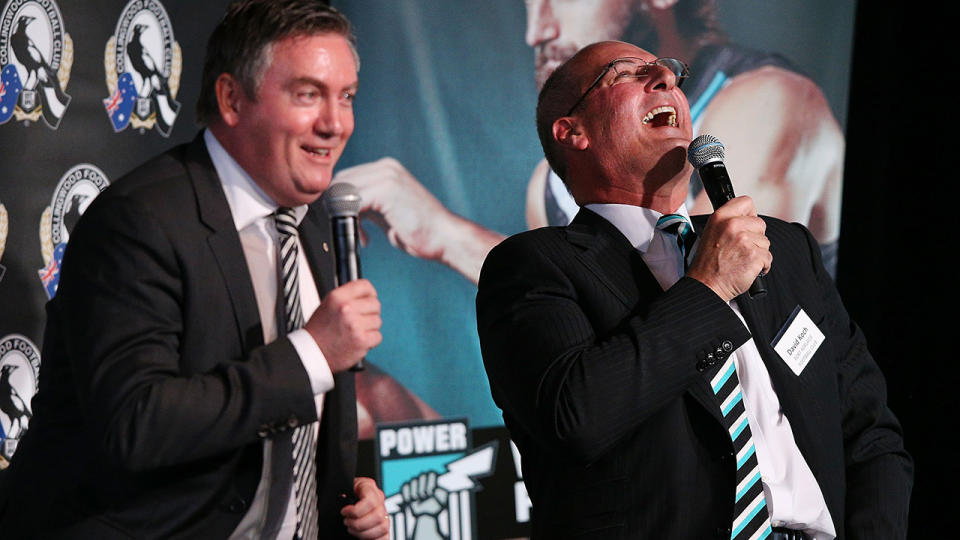 Eddie McGuire and David Koch, pictured here speaking at the MCG in 2014.