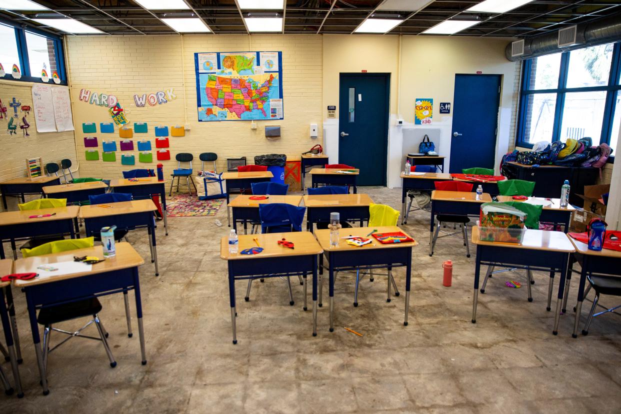 A classroom at the Sanibel School on Wednesday, Feb 8, 2023. The school re-opened Wednesday after being closed due to Hurricane Ian. There is still ongoing work as the school recovers from the hurricane. 