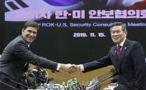 U.S. Defense Secretary Mark Esper, left, and South Korean Defense Minister Jeong Kyeong-doo shake hands for the media prior to the 51st Security Consultative Meeting (SCM) at Defense Ministry in Seoul, South Korea, Friday, Nov. 15, 2019. (AP Photo/Lee Jin-man, Pool)