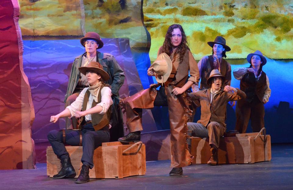 The explorers row down the Green River toward the Grand Canyon in a scene from "Men on Boats" at the Croswell Opera House.