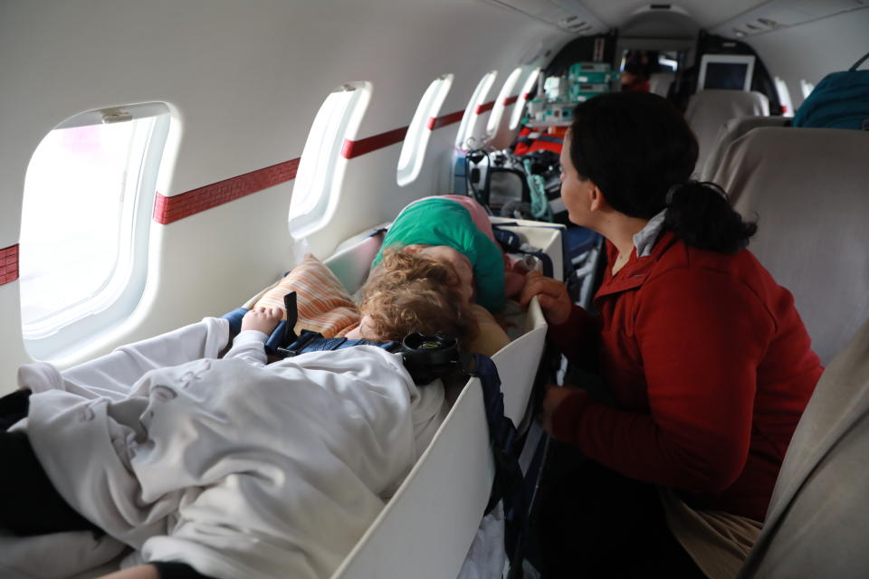 ANTALYA, TURKEY - (ARCHIVE): A file photo dated on December 01, 2019 shows siamese twins Derman and Yigit Evrensel and their mother Fatma departing from Antalya, Turkey to United Kingdom for surgery. With the helping hand from Turkish President Recep Tayyip Erdogan, the 2-year-olds Derman and Yigit were operated in the United Kingdom and successfully separated. (Photo by Aytug Can Sencar/Anadolu Agency via Getty Images)