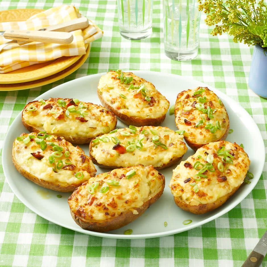 easter side dishes twice baked potatoes on green checkered background