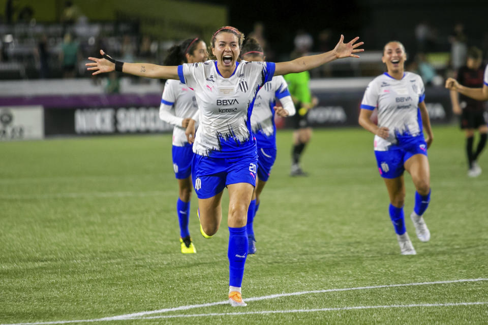 Daniela Solis of C.F. Monterrey celebrates after defeating the Portland Thorns in penalty kicks in a semifinals matchup of the Women's International Champions Cup at Providence Park in Portland, Ore. on Wednesday, Aug. 17, 2022. (Sean Meagher/The Oregonian via AP)