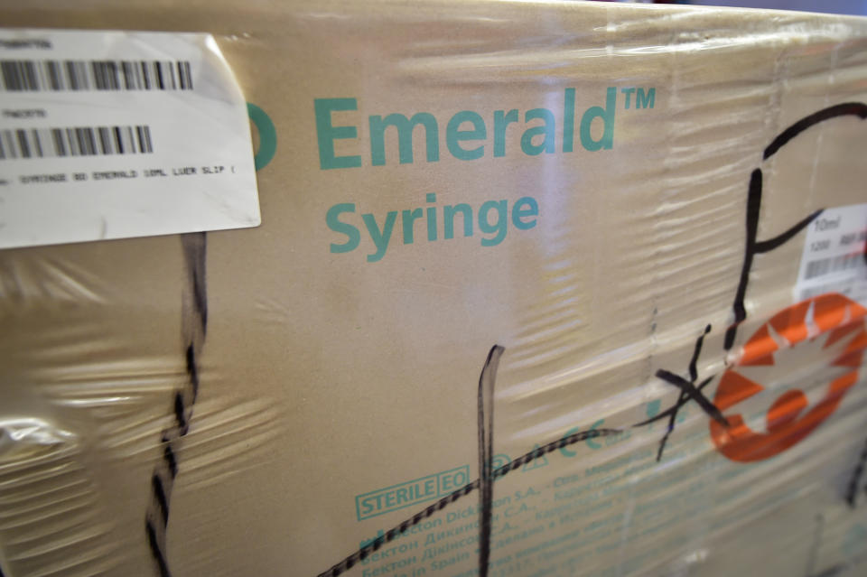 A box of syringes, which are being stockpiled as part of Brexit preparations at a NHS Wales warehouse in South Wales. The warehouse is storing extra medical devices and consumables to ensure health and social services continue to run smoothly in the event of a no-deal Brexit.