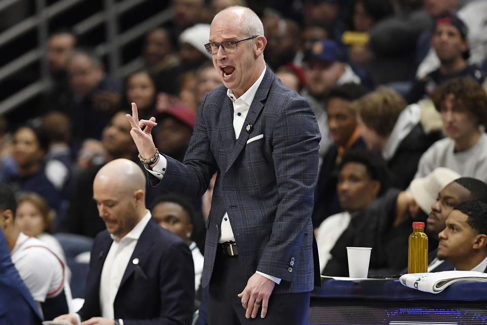 UConn head coach Dan Hurley reacts in the first half of an NCAA college basketball game against Seton Hall, Saturday, Feb. 18, 2023, in Storrs, Conn. (AP Photo/Jessica Hill)