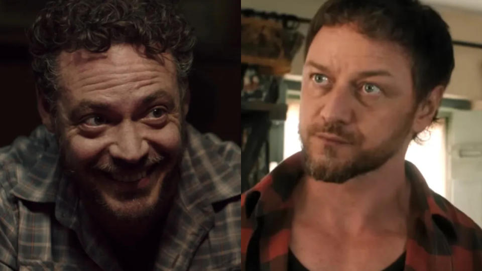 Fedja van Huêt smiling uncomfortably, with James McAvoy pictured next to him with a serious look of concern, in both versions of Speak No Evil.