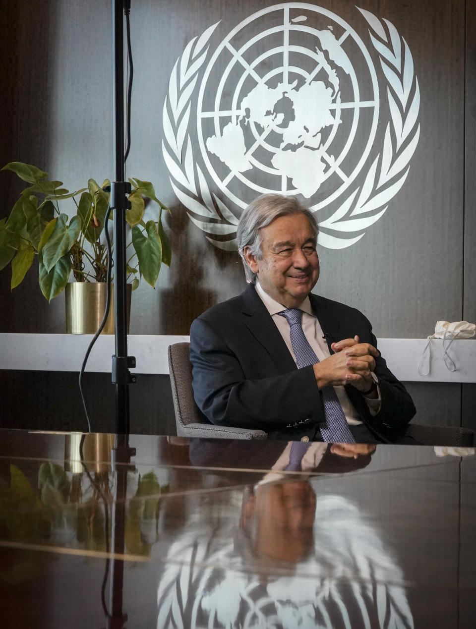 United Nations Secretary-General António Guterres speaks during an interview, Wednesday Oct. 21, 2020, at U.N. headquarters. (AP Photo/Bebeto Matthews)