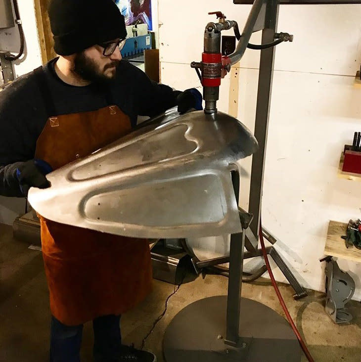 Alex Oppen at the custom hot rod shop where he works as a welder. | Courtesy Alex Oppen