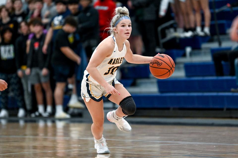 Haslett's Alexis Turner moves the ball against Jackson Northwest during the first quarter on Tuesday, Nov. 29, 2022, at Haslett High School.