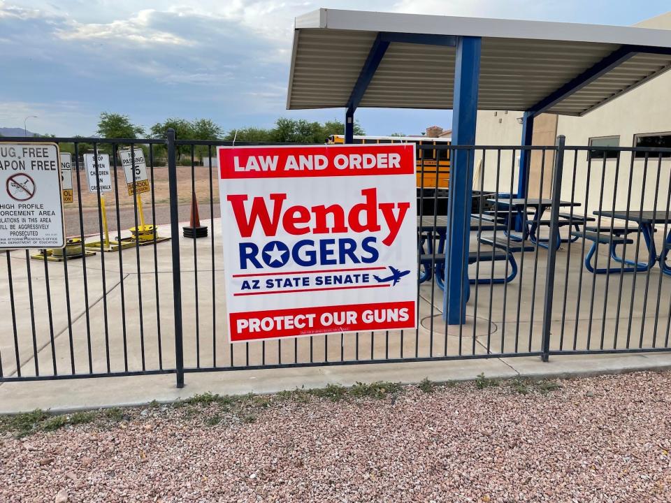 A yard sign for Sen. Kelly Townsend's re-election campaign outside an elementary school in Apache Junction, AZ on July 14, 2022.