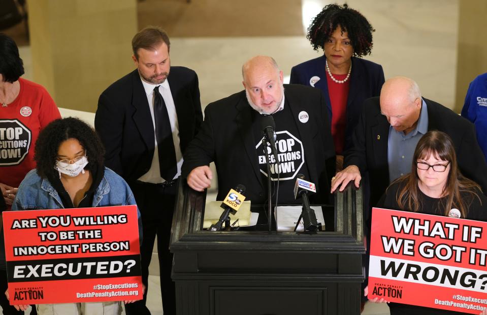 Abraham Bonowitz speaks about Bigler "Bud" Jobe Stouffer II, Stouffer's, who is scheduled to be executed, but was recommended for clemency by the Pardon and Parole board. The group delivered thousands of petition signatures to Governor Stitt at 2pm on Wednesday. Stouffer is on death row for the murder of Linda Reaves. Wednesday, December 1, 2021.