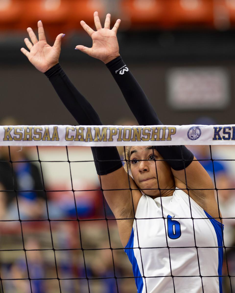 Washburn Rural's Jada Ingram (6) goes up for a block against Blue Valley on Saturday Oct. 29, 2022, at Tony’s Pizza Events Center in Salina, Kan.