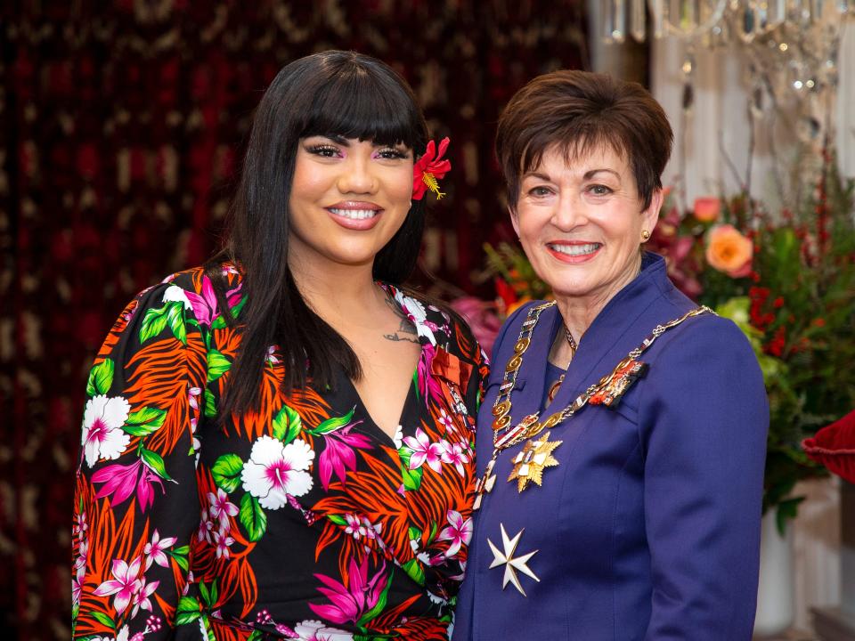 Parris Goebel is presented with the insignia of a Member of the New Zealand Order of Merit by Governor-General Dame Patsy Reddy during an investiture ceremony at Government House on July 09, 2020 in Wellington, New Zealand.
