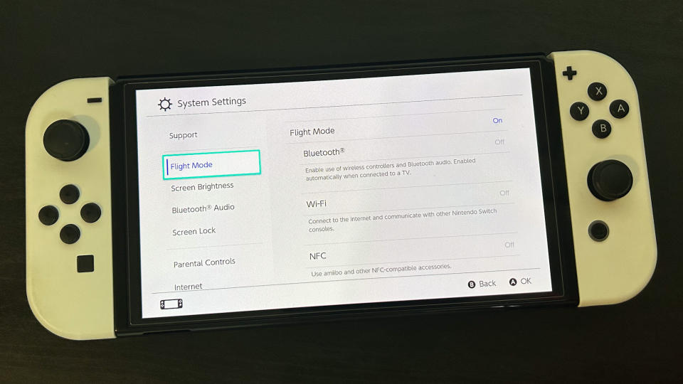 Nintendo Switch flight mode settings on console