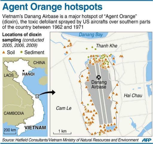 Graphic locating "Agent Orange" sampling in and around Vietnam's Danang Airbase. The joint US-Vietnamese clean-up of the toxic defoliants was launched at the former US airbase Thursday