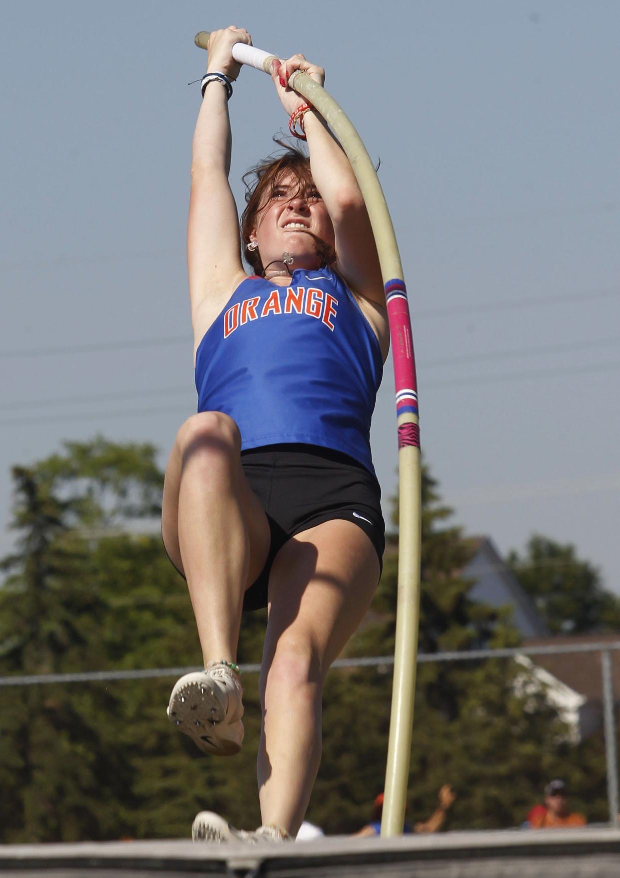 Orange senior pole-vaulter Taylor Hill is hoping for a return trip to the Division I state meet and to top last season's performance. Last year, she did not clear the bar in her three tries at the initial height of 11 feet.