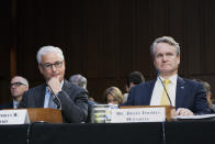 Wells Fargo & Company CEO and President Charles Scharf, left, and Bank of America Chairman and CEO Brian Thomas Moynihan, attend a Senate Banking Committee annual Wall Street oversight hearing, Thursday, Sept. 22, 2022, on Capitol Hill in Washington. (AP Photo/Jacquelyn Martin)
