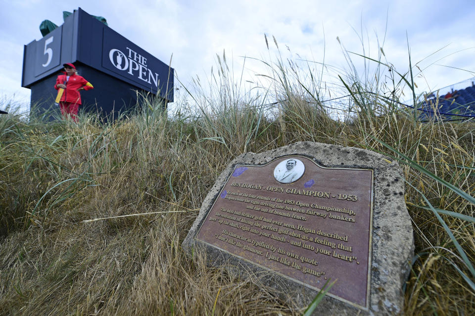 A marker commemorating Ben Hogan sits on the 6th tee box at Carnoustie Golf Links in Angus, Scotland. (Photo: Thomas J. Russo/USA TODAY Sports)