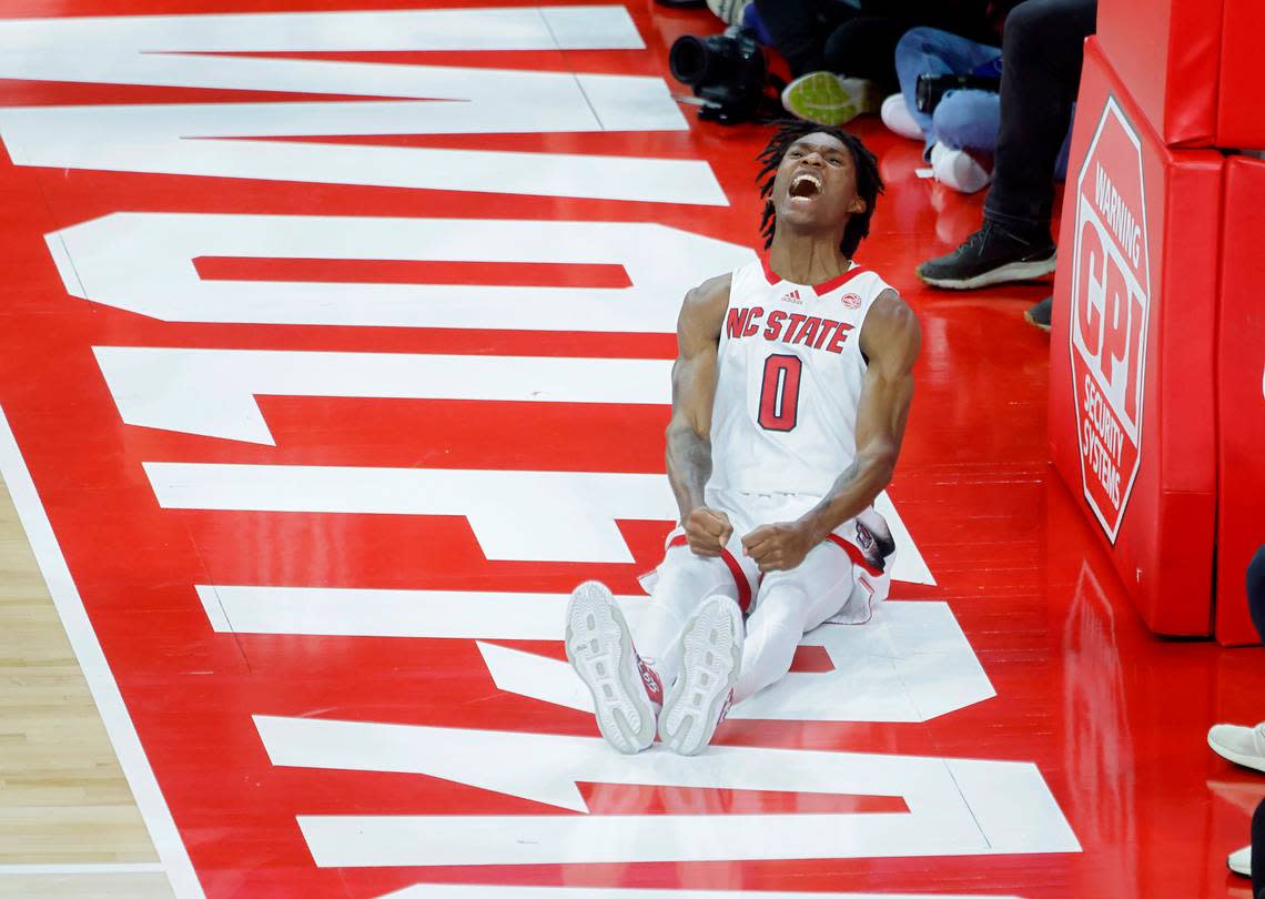 N.C. State’s Terquavion Smith reacts during the second half of the Wolfpack’s 84-60 win over Duke at PNC Arena on Wednesday, Jan. 4, 2023, in Raleigh, N.C.