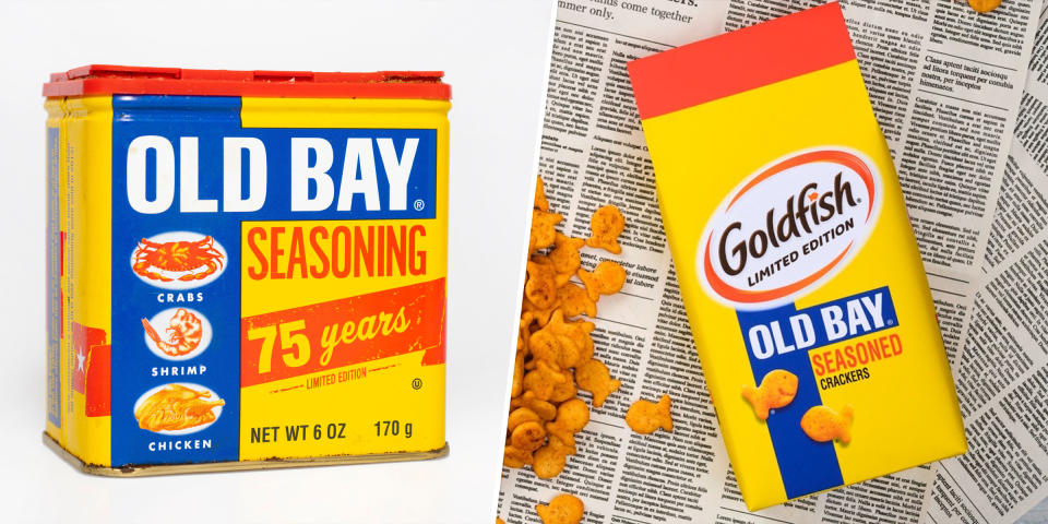 Pepperidge Farms’ new Goldfish flavor comes in fun packaging that recalls the familiar bright yellow of Old Bay seasoning containers, no boiling required. (Alamy, Campbell's)