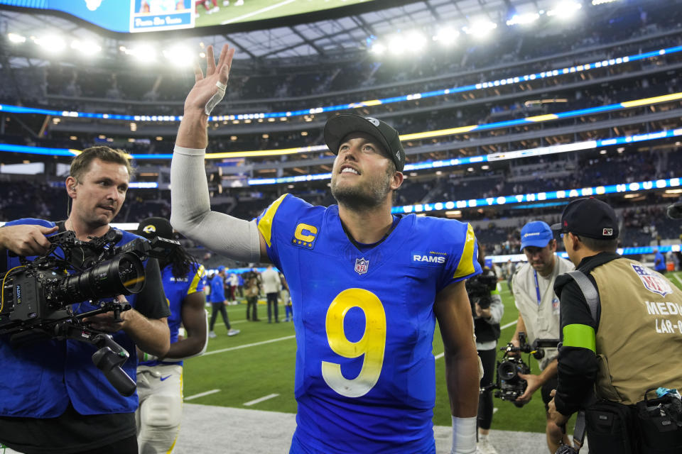 Matthew Stafford has the Rams in the playoff hunt after a down year in 2022. (AP Photo/Marcio Jose Sanchez)