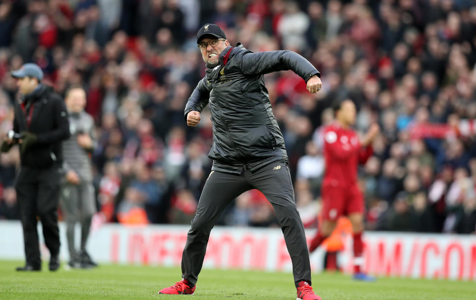 Liverpool manager Jurgen Klopp reacts after the final whistle during the Premier League match at Anfield, Liverpool. (Photo by Martin Rickett/PA Images via Getty Images)