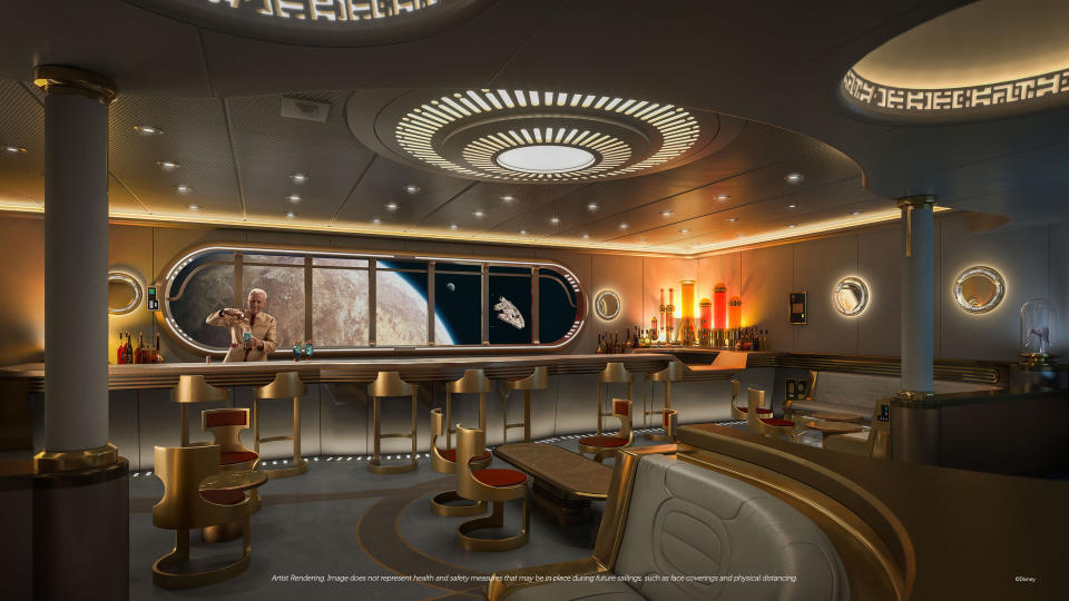 <p>For the first time on a Disney ship, guests will embark on a space-jumping tour of the Star Wars galaxy at Star Wars: Hyperspace Lounge, a high-end bar styled as a luxurious yacht-class spaceship. Offering interactive tasting experiences and signature beverages inspired by destinations such as Batuu, Tatooine and Mustafar. (Disney)</p> 