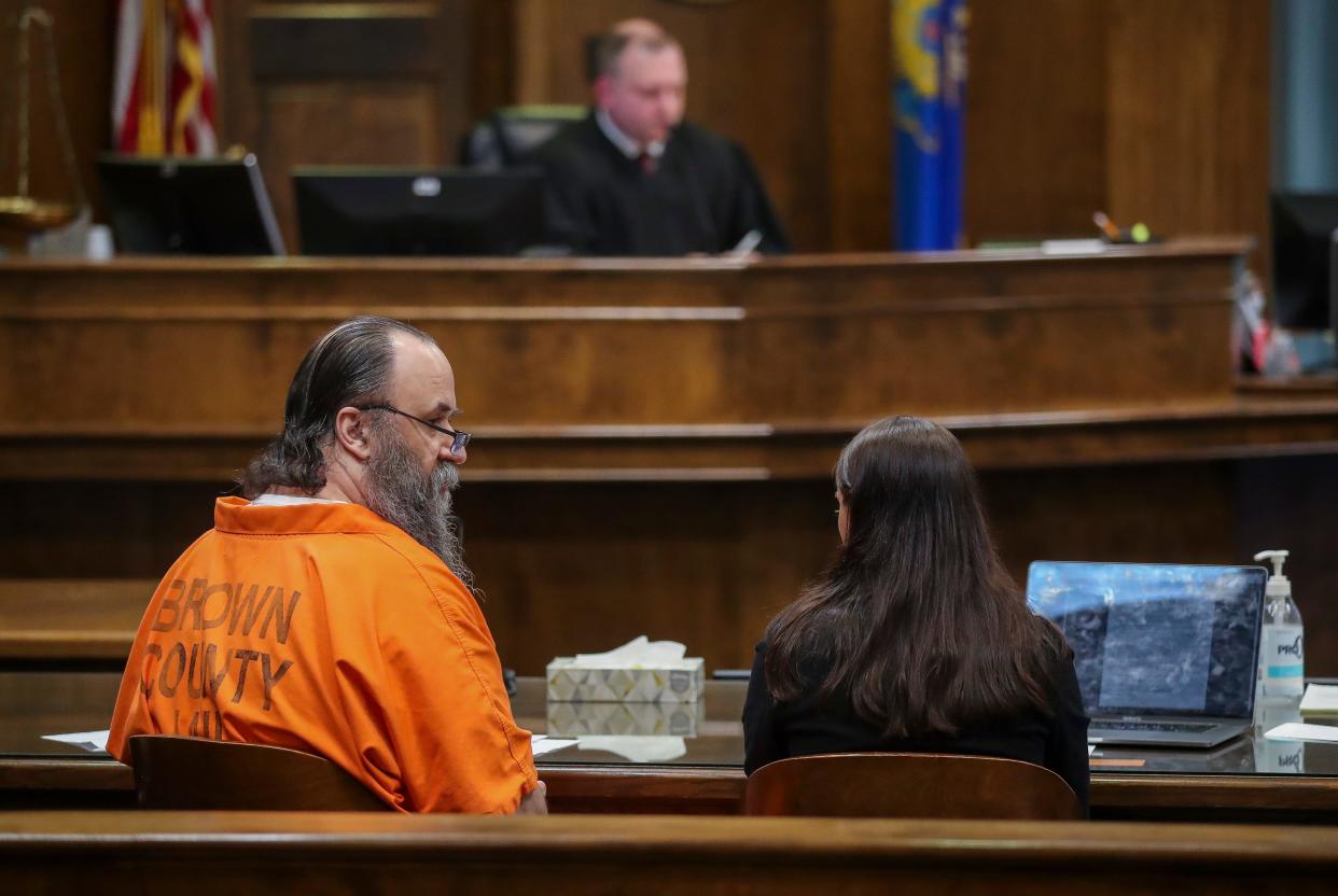 Richard Sotka looks back to the gallery as he delivers a statement during a sentencing hearing on Monday at the Brown County Courthouse in Green Bay. Sotka was sentenced to consecutive life sentences without the possibility of parole after being convicted for two counts of intentional homicide in the January 2023 deaths of Rhonda Cegelski, 58, of Green Bay, and Paula O'Connor, 53, of Bellevue.