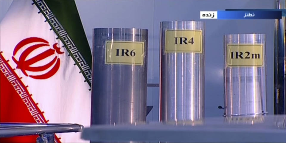 FILE - In this June 6, 2018 frame grab from Islamic Republic Iran Broadcasting, IRIB, state-run TV, three versions of domestically-built centrifuges are shown in a live TV program from Natanz, an Iranian uranium enrichment plant, in Iran. On Monday, June 17, 2019, Iran said it will break the uranium stockpile limit set by Tehran's nuclear deal with world powers in the next 10 days. (IRIB via AP, File)