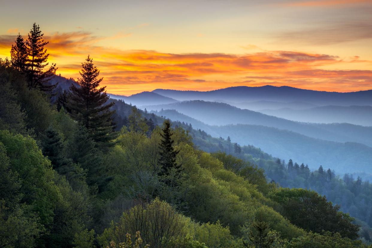 Sunrise at the Oconaluftee Overlook in Great Smoky Mountains National Park, North Carolina