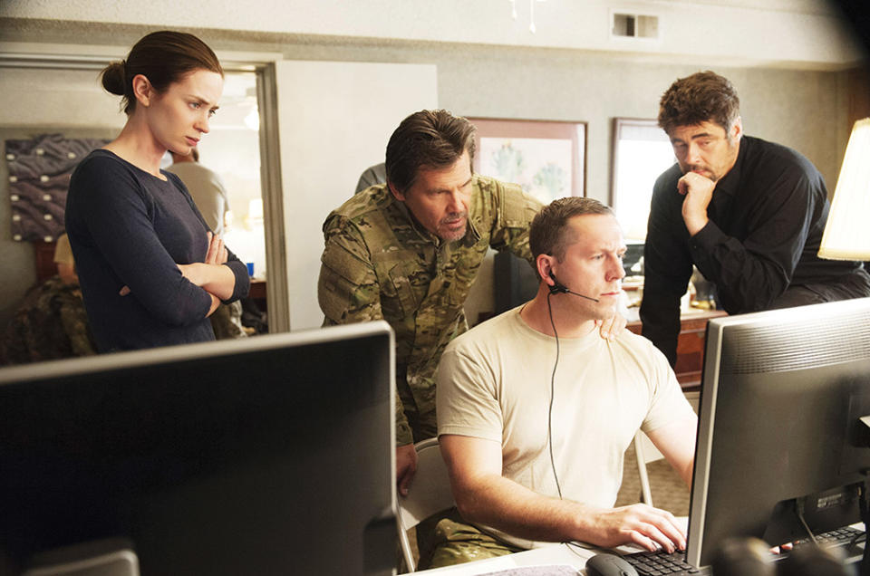 Sicario (2015) Villeneuve rewrote the final scene of the drug cartel drama with help from star Benicio Del Toro (seen here far right, with co-stars Emily Blunt, Josh Brolin and Matthew Page).