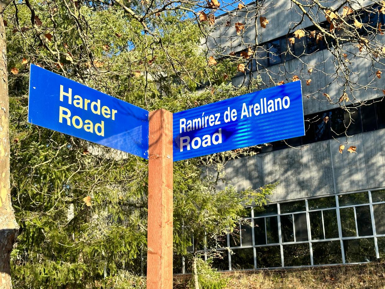 The signage of the recently renamed Ramirez de Arellano Road, formerly Hunley Road, on Naval Base Kitsap-Bangor.