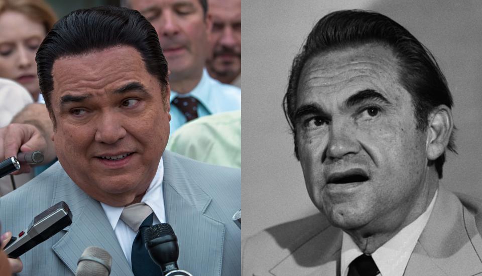 W. Earl Brown (L) as George Wallace in the Netflix film "Shirley". American politician (R) George Wallace during a campaign press conference at the San Francisco Airport Hilton hotel on June 4, 1976.