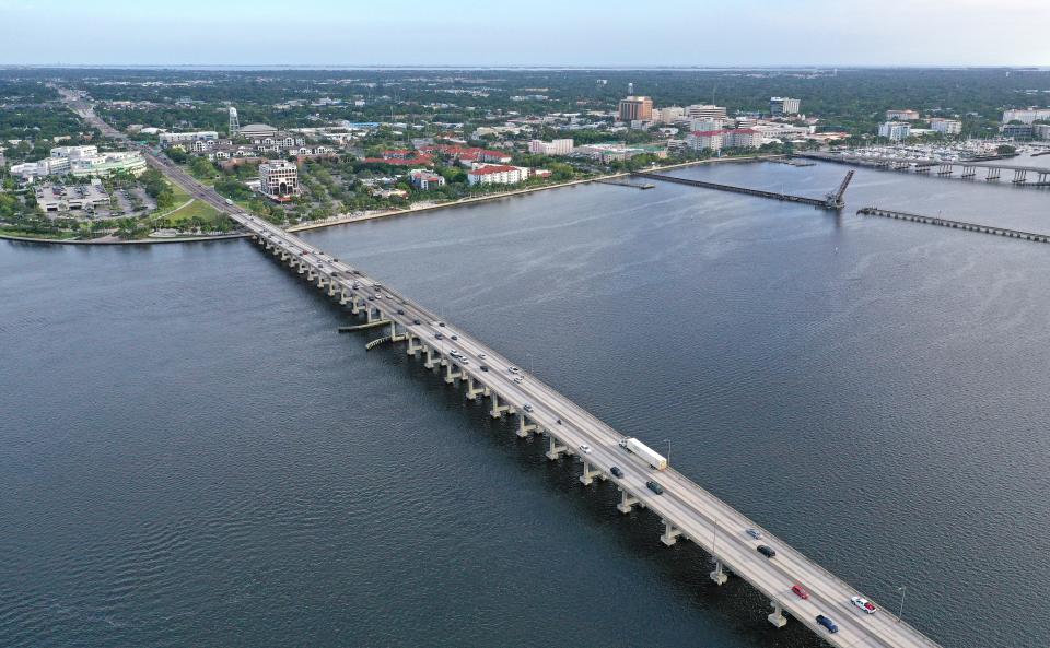 Traffic flows over the Desoto Bridge, which connects Bradenton to Palmetto, on the evening of July 11, 2023. A segment of U.S. 41 that includes the DeSoto Bridge was the fourth busiest road segment in Manatee County in 2022.