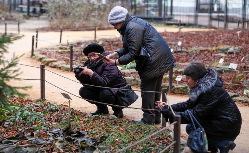 Visitors take pictures of plants in the Apothecary Garden in Moscow