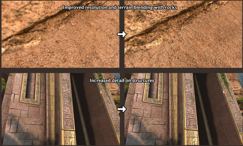 An official screenshot comparing building and world detail differences in the Quest 3 upgrade of Asgard's Wrath 2