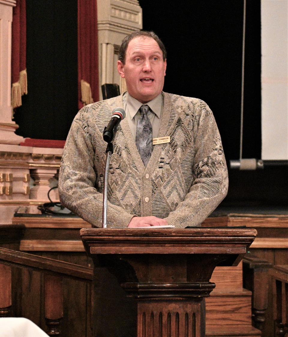 Tibbits foundation president Chris Donbrock welcomes attendees to the annual non-profit meeting Thursday.