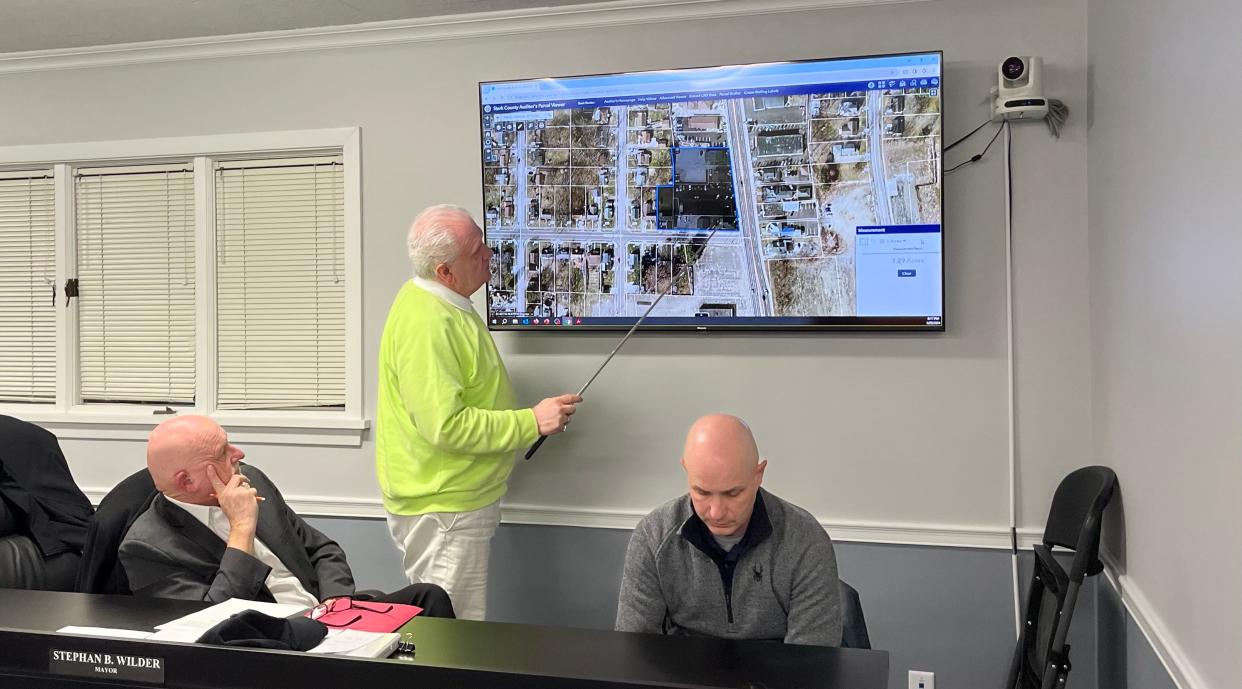 North Canton Administrator Patrick DeOrio goes over the planned site of the city's new fire/EMS station at North Main and Viking streets. He spoke at Monday's City's Council meeting at the North Canton Civic Center.