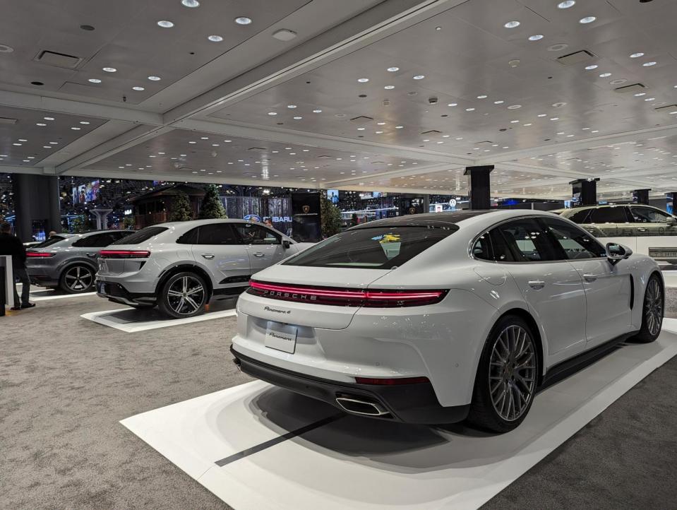 PHOTO: Porsche vehicles are on display at the 2024 New York International Auto Show, March 28, 2024, in New York.  The car manufacturer is a member of the eFuels Alliance.  (Michael Dobuski/ABC News)