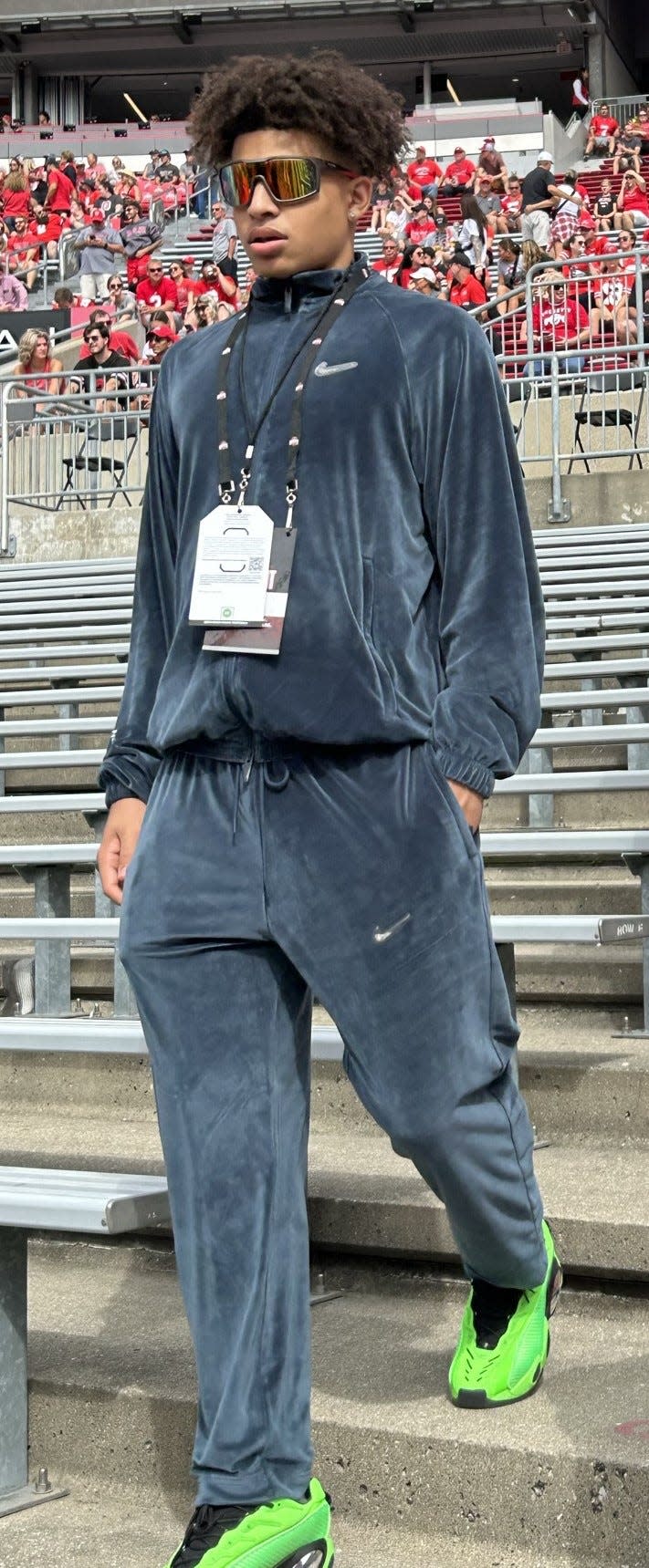 John "Juni" Mobley Jr., an Ohio State commitment in the class of 2024, arrives at Ohio Stadium on his official visit on Sept. 9, 2023.
