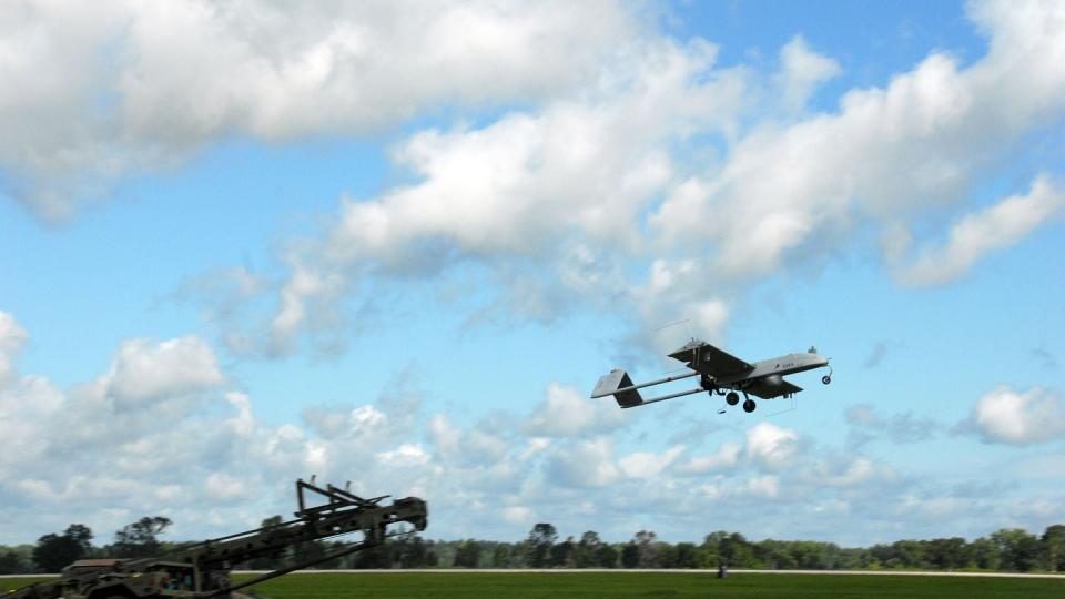 An RQ-7 Shadow drone takes off during a training flight at Volk Field, Wis. (Vaughn R. Larson/U.S. Army)