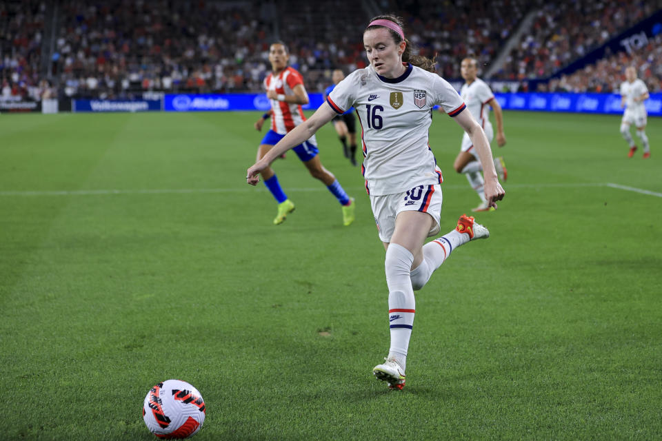 United States midfielder Rose Lavelle (16) controls the ball during the first half of an international friendly soccer match against Paraguay, Tuesday, Sept. 21, 2021, in Cincinnati. (AP Photo/Aaron Doster)