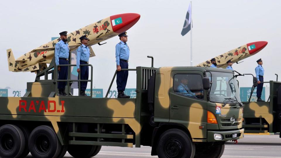 The Pakistani-made cruise missile Ra'ad-I was on display during the Pakistan National Day on March 23, 2024. (AP)