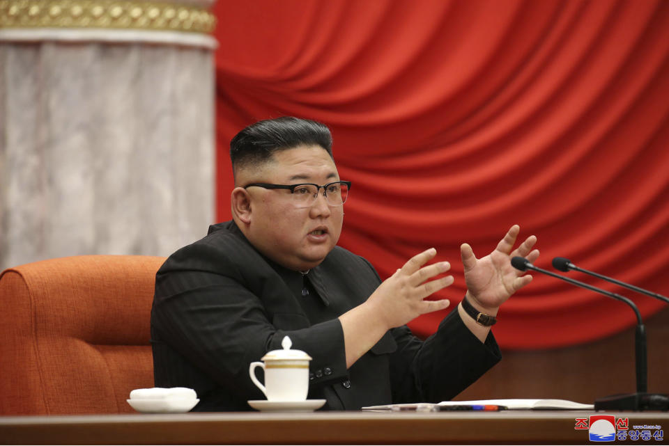 In this photo provided by the North Korean government, North Korean leader Kim Jong Un speaks during the ruling party congress in Pyongyang, North Korean, Sunday, Jan. 10, 2021. Kim was given a new title, “general secretary” of the ruling Workers’ Party, formerly held by his late father and grandfather, state media reported Monday, Jan. 11, in what appears to a symbolic move aimed at bolstering his authority amid growing economic challenges. Independent journalists were not given access to cover the event depicted in this image distributed by the North Korean government. The content of this image is as provided and cannot be independently verified. Korean language watermark on image as provided by source reads: "KCNA" which is the abbreviation for Korean Central News Agency. (Korean Central News Agency/Korea News Service via AP)