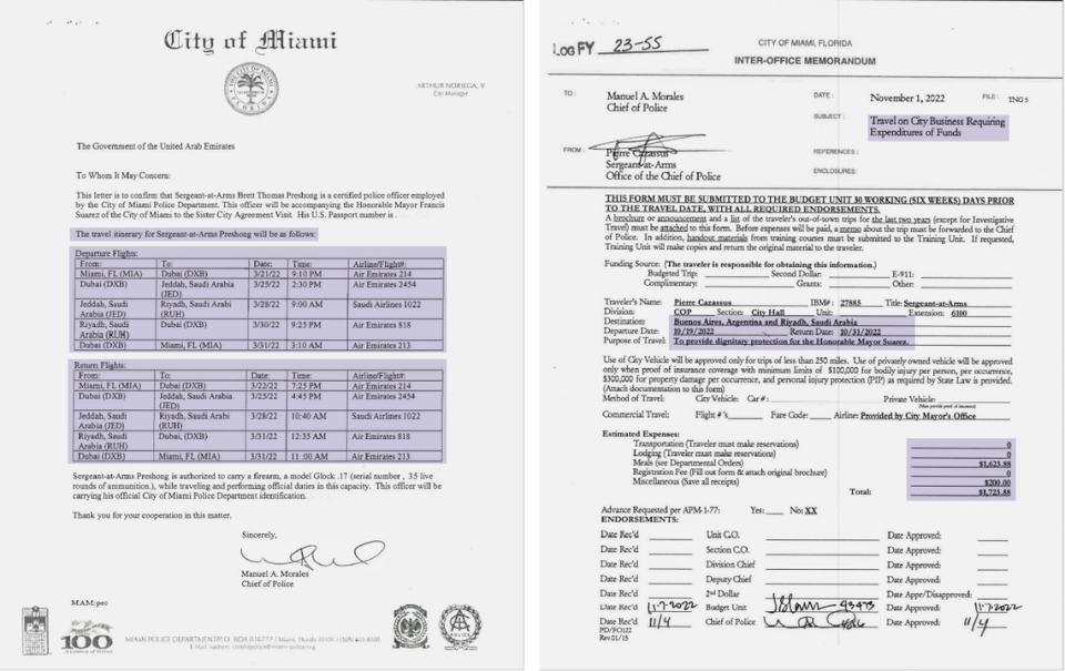 The Miami Herald compiled dozens of forms filed by Miami police officers each time they traveled with the mayor. These documents provided the basis for the Herald’s analysis of Suarez’s travels.