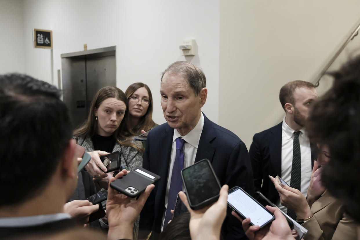 Sen. Ron Wyden (D-Ore.), chair of the Senate Ways and Means Committee, speaks to reporters on Capitol Hill on Jan. 8, 2024. (Michael A. McCoy/The New York Times)