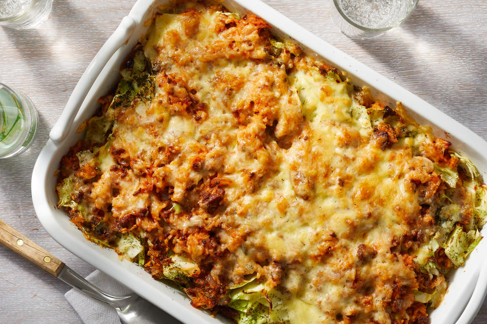 <p>This casserole has all the elements of cabbage rolls—ground beef, onion and rice cooked in tomato sauce—and skips the fuss of rolling. The cabbage is chopped instead and layered with the saucy filling, then topped with cheese, for a satisfying and easy casserole. Feel free to substitute other ground meats, such as turkey, for the ground beef—this recipe would also be great with a vegetarian meat substitute. <a href="https://www.eatingwell.com/recipe/7901097/cabbage-roll-casserole/" rel="nofollow noopener" target="_blank" data-ylk="slk:View Recipe;elm:context_link;itc:0;sec:content-canvas" class="link ">View Recipe</a></p>